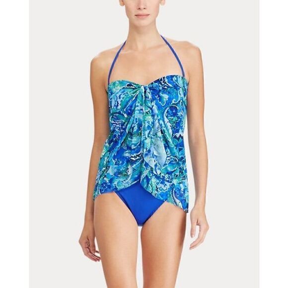 Lauren Ralph Lauren Women’s Size 10 Paisley Overlay One Piece Swim Suit Blue - Picture 1 of 12